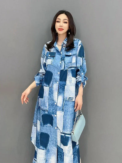 XITAO Color Block Print Shirt Dress Appear Thin Fashion Casual Loose Temperament Turn-down Collar Single Breasted Dress HQQ0427