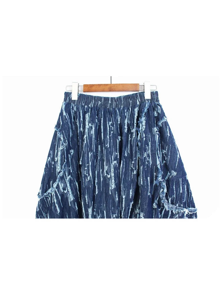 XITAO Irregular Skirt Fashion Print Pattern Elastic Waist Goddess Fan Pleated Spring Minority Pocket Loose Skirt ZY7970