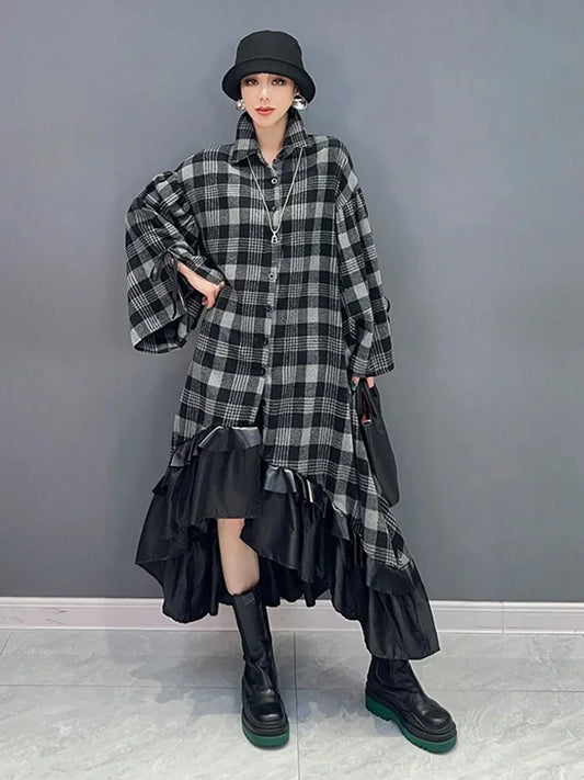 XITAO Asymmetrical Plaid Patchwork Gauze Dress Single Breasted Turn-down Collar Flare Sleeve Slimming 2024 Autumn New LJ1054