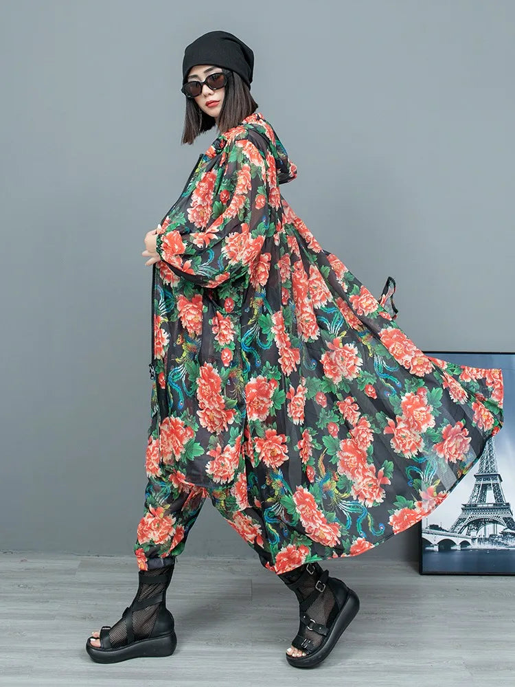 XITAO Asymmetrical Zipper Floral Hooded Pant Sets Pocket Patchwork Long Tops Elastic Waist Harem Pants 2024 Summer New WLD20157