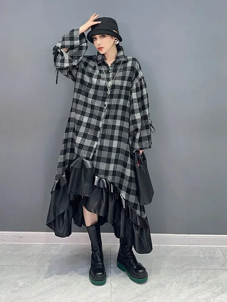 XITAO Asymmetrical Plaid Patchwork Gauze Dress Single Breasted Turn-down Collar Flare Sleeve Slimming 2024 Autumn New LJ1054