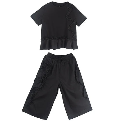 XITAO Black Women Casual Sets Loose Fashion Ruffles T-shirt Top Edible Tree Fungus Splicing Decoration Pants Sets GJ1014