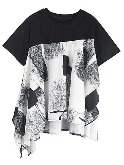 XITAO Asymmetrical Patchwork Print O-neck T-shirts Short Sleeve Pullover Loose Slimming All Match Tops 2024 Summer New ZY8743