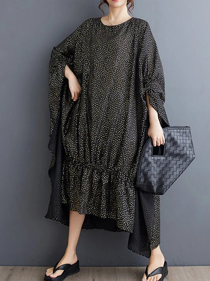 XITAO Wave Point Folds Batwing Sleeve Dresses Asymmetrical O-neck Patchwork Loose Fashion Pullover Dress New ZY8677