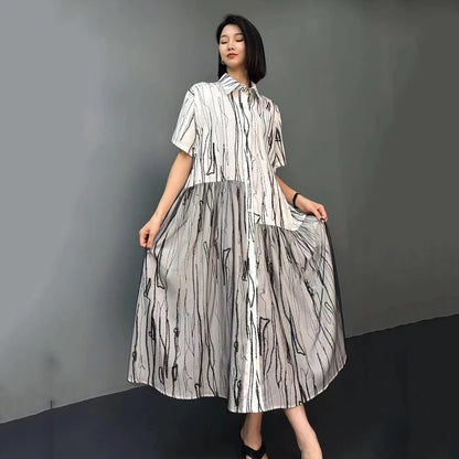 XITAO Asymmetrical Mesh Patchwork Shirt Dress Striped Fashion Loose Simplicity Summer Women Casual Short Sleeve Dress HQQ2369