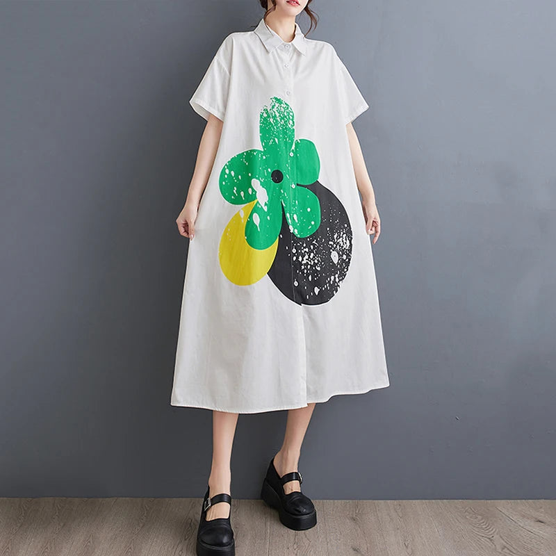 XITAO Printed Patchwork Dress Simplicity Turn Down Collar Short Sleeve Single Breasted Summer Fashion Women New Dress LYD1774