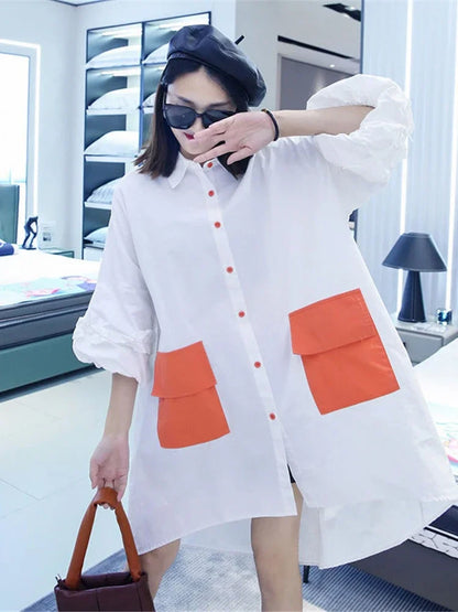 XITAO Irregular Long Shirt Splicing Contrast Color Pocket Loose Fashion Casual Women New Three Quarter Lantern Sleeve GWJ2290