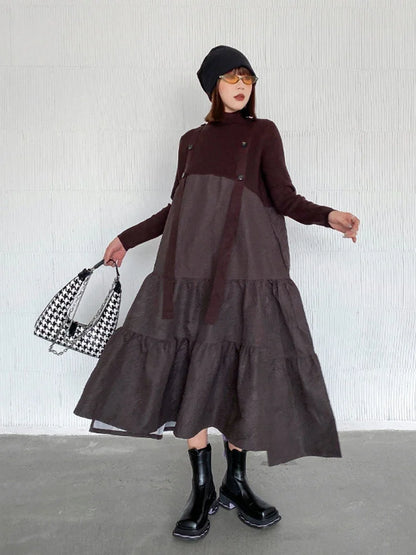 XITAO Knitting Patchwork Dress Fashion Turtleneck Pullover False Two Pieces Women Spring Loose Simplicity Casual Dress WLD13086