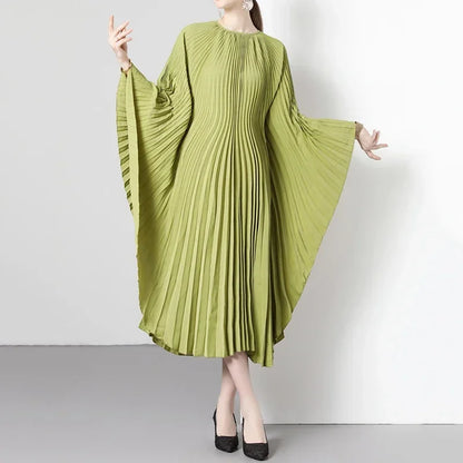 XITAO Pleated Loose Dress Simplicity Temperament Solid Color Bandage Wrist Bat Wing Sleeve Dress Spring New Women HQQ0973