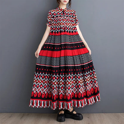 XITAO Casual Print Dress Loose Fashion Contrast Color Geometry Splicing Pattern 2024 Summer New Ethnic Style Dress ZY8692