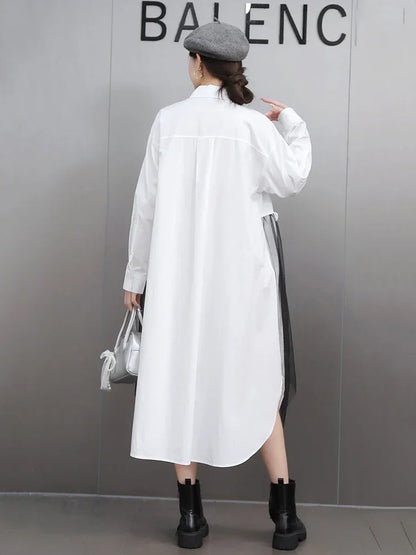 XITAO Gauze Pocket Contrast Color Shirt Dress Side Split Single Breasted Patchwork Turn-down Collar Long Sleeve Casual GMM1261