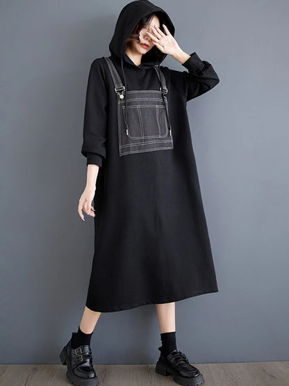 XITAO Loose Denim Patchwork Hooded Women Dress Pullover Casual Sliming Mid-calf Personality Trendy Female Dress Autumn ZYY1030