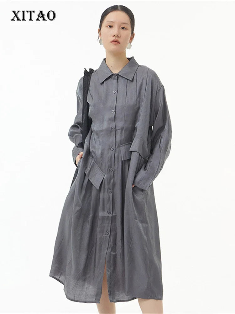 XITAO Pleated Shirt Dress Fashion Solid Color Single Breast Goddess Fan Pocket Spring Summer Minority Loose Thin Dress ZY7484