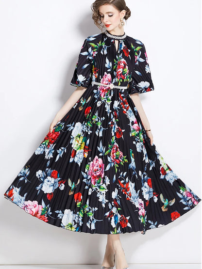 XITAO Pleated Print Floral O-neck Dress Pearl Fashion Half Sleeve Temperament Fashion Summer New Arrival Personality LYD1869