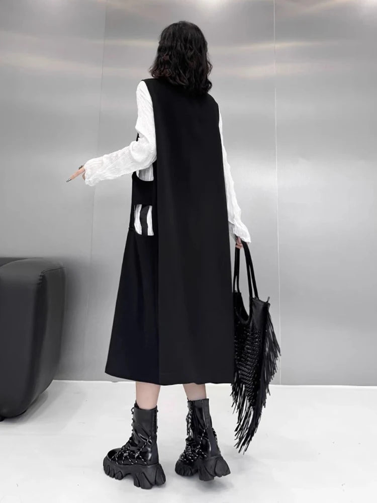 XITAO Hollow Out Zipper Sleeveless Dress Solid Color Turn-down Collar Loose Fashion Mid-calf Vest Dress 2024 Autumn New ZY8883