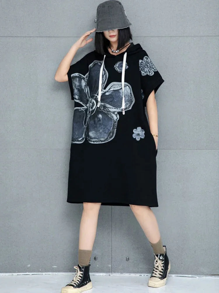 XITAO Print Flower Hooded Drawstring Female Dress Half Sleeve Straight Fashion Casual Loose Trendy Summer Women Dress GMM1199