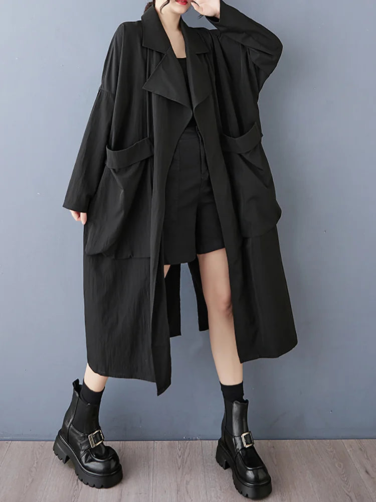 XITAO Patchwork Pocket Open Stitch Female Coat Casual Loose Fitting Solid Color Full Sleeve A-line Autumn Women Trench GMM1175