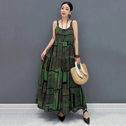 XITAO Loose Print Vintage Sling Dress Casual Temperament All-match Women Summer New Simplicity Trend Sleeveless Dress GJ1064