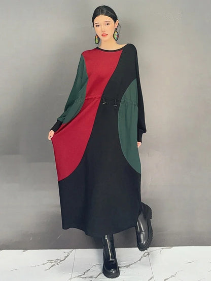 XITAO Contrast Color Patchwork O-neck Dresses Long Sleeve Pullover Slimming Temperament Casual Dresses 2024 Autumn New GJ1097