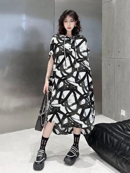 XITAO Fashion Print Hooded Dress Causal Loose Contrast Color Short Sleeve Women Summer Simplicity New Pullover Dress DMJ1454