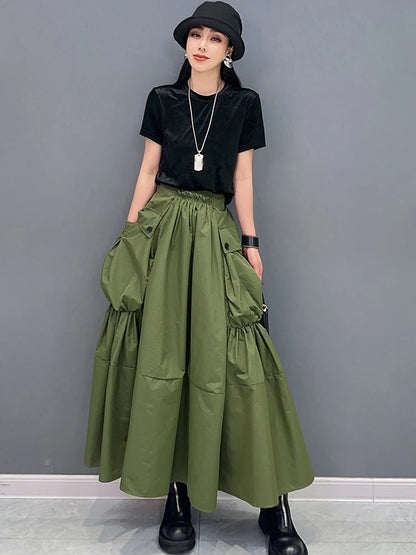 XITAO Pocket Patchwork Elastic Waist Folds Skirt Solid Color Mid-calf A-line Loose Slimming Skirts 2024 Summer All Match DMJ3981