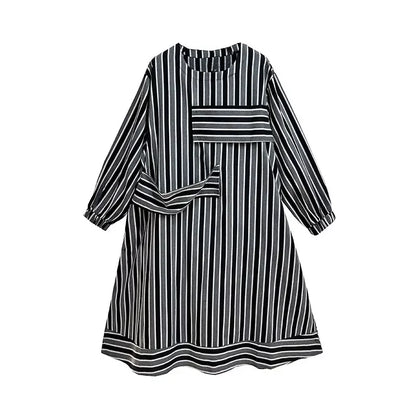 XITAO Striped Contrast Color Patchwork O-neck Dresses Long Sleeve Pullover Loose Slimming Fashion Casual 2024 Autumn GYX1004