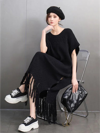 XITAO Knitting Patchwork Tassel Side Split Dress Solid Color O-neck Pullover Loose Slimming Hong Kong All Match GMM1352