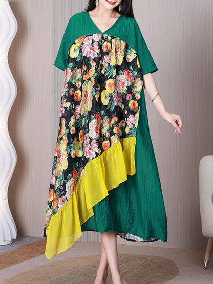 XITAO Casual Patchwork Print Dress Korea Summer New Arrival Personality Fashion Loose V-neck Short Sleeve Dress WLD20049