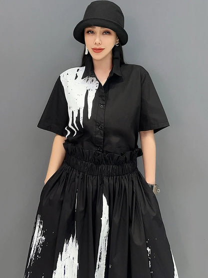 XITAO Summer New Women Two Piece Set Short Sleeve Shirt Loose Casual Elastic Waist A-line Skirt Fashion Casual Sets ZY8769