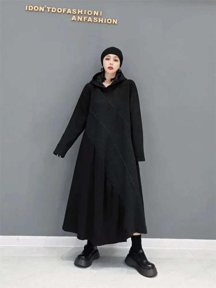 XITAO Spring New Long Sweater Dress 2024 Fashion Casual Contrast Patchwork Long Sleeve Hooded Collar Loose Women WMD4186