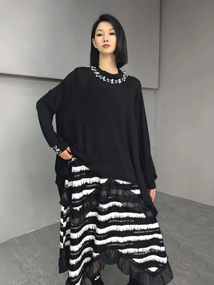 XITAO Embroidered Flares Asymmetrical T-Shirts Solid Color Loose O-neck Long Sleeve Pullover Casual Tops 2024 Autumn New LJ1006