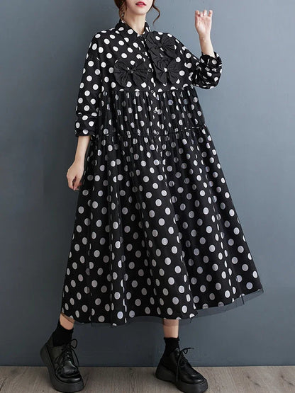 XITAO Vintage Casual Folds Shirt Dress Personality Bow Patchwork Women Spring New Arrival Loose Dot Simplicity Dress LYD1282