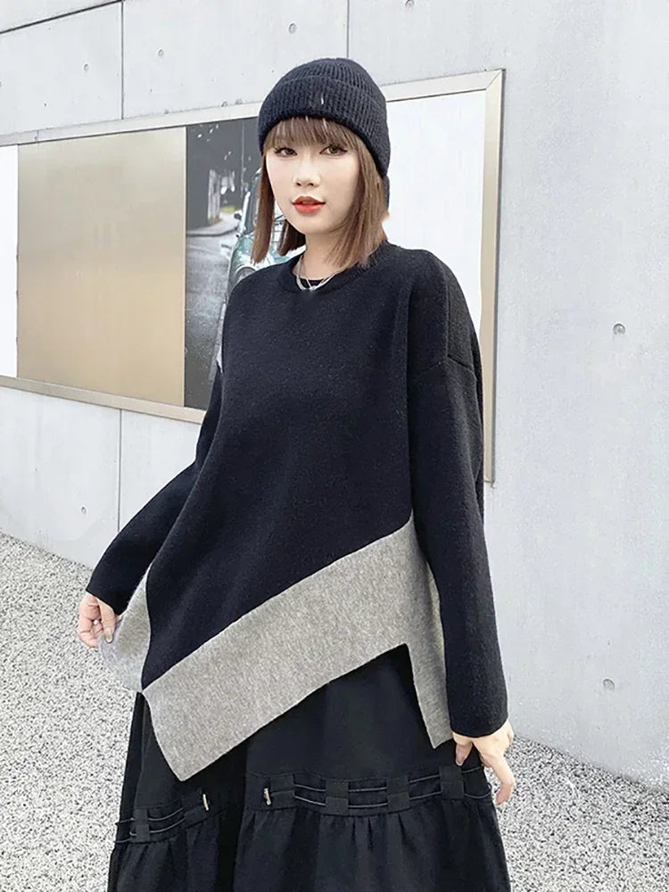 XITAO Irregular Female Sweater Pullover Loose Comfortable Round Neck Casual Long Sleeved Tops 2024 Spring Women New ZZ0005