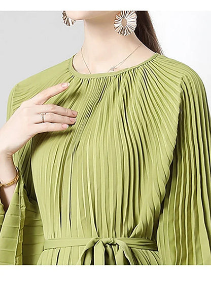 XITAO Pleated Loose Dress Simplicity Temperament Solid Color Bandage Wrist Bat Wing Sleeve Dress Spring New Women HQQ0973