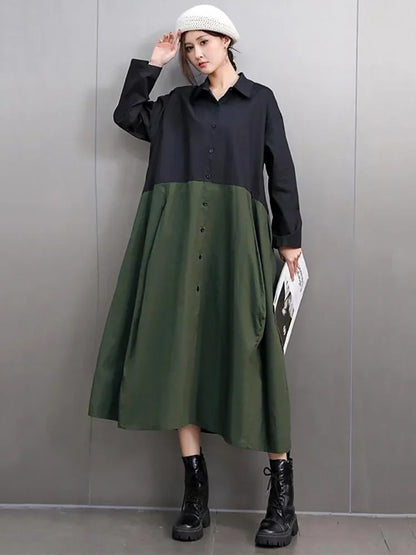 XITAO Patchwork Contrast Color Turn-down Collar A-line Dress Casual Solid Color Slimming Simplicity Autumn Women Dress GMM1127