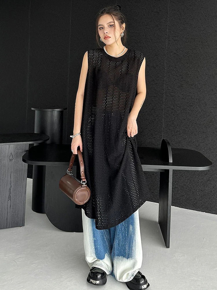 XITAO Hollow Out Sleeveless Solid Color Dress O-neck Loose Casual All-match Pullover Simplicity Women New Line Dress DMJ4117