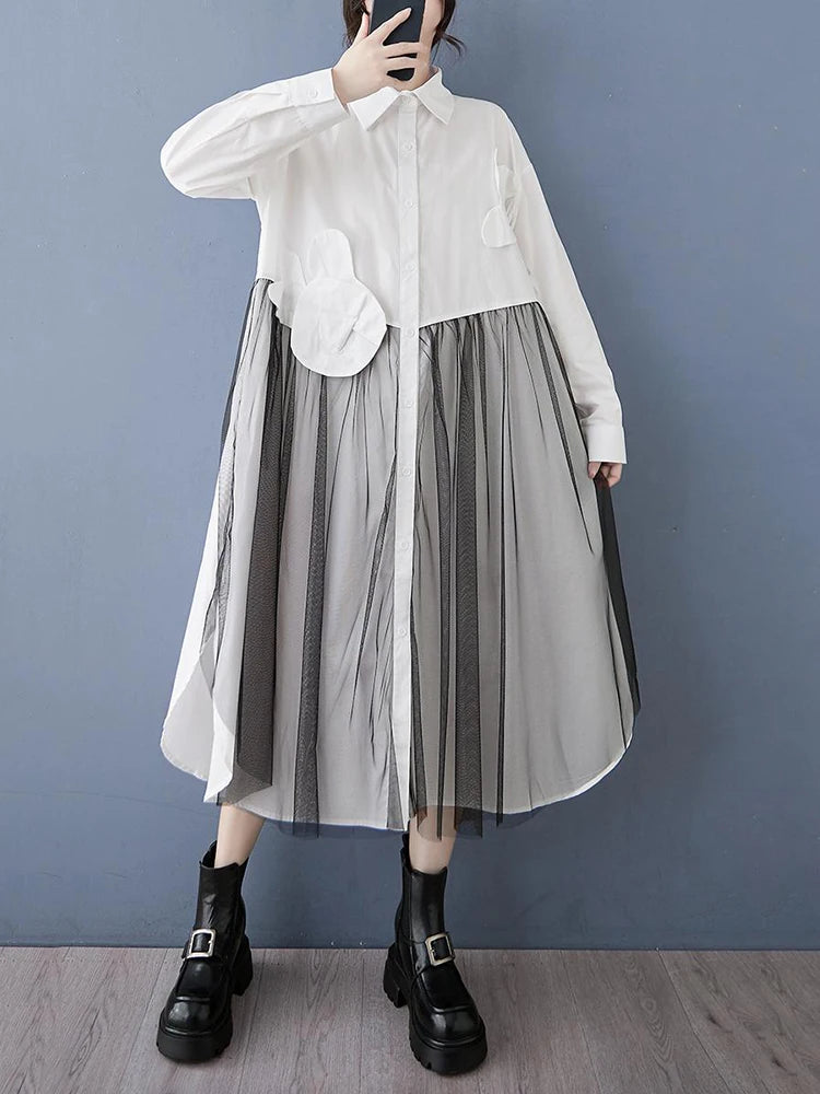 XITAO Patchwork Mesh Irregular Dress Solid Color Casual Hong Kong A-line Turn-down Collar Full Sleeve Women Dress GMM1192