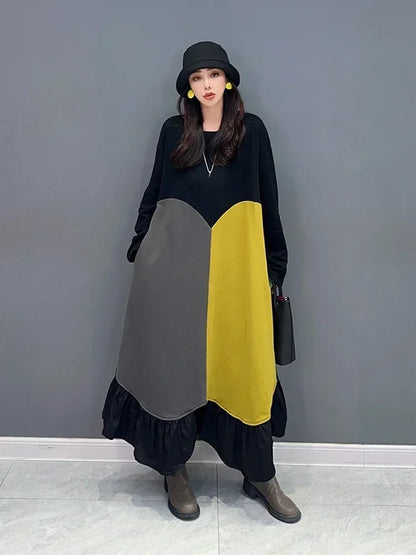 XITAO Contrast Color Patchwork Dress Fashion Asymmetrical Women Causal Long Sleeve Pullover Dress Spring Autumn New HQQ1925