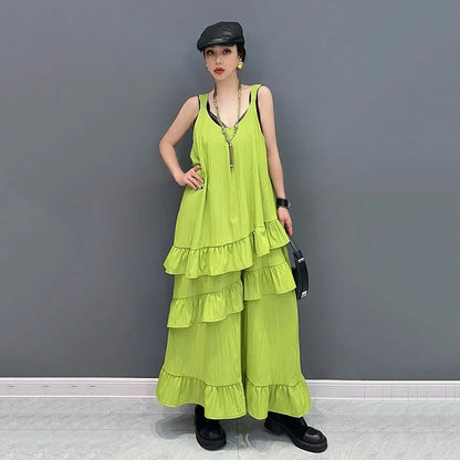 XITAO Camisole Dress Solid Color Irregular Ruffles Splicing Hem 2024 Summer New Solid Color Women Loose Casual Dress HQQ2318