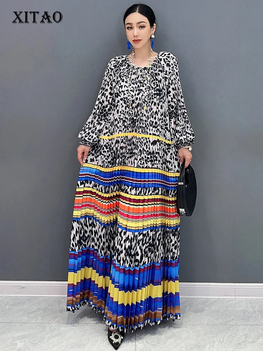 XITAO Pleated Print Dress Leopard New Loose Fashion Female Full Sleeve O-neck Spring Elegant Casual All Match Dress LYD1868