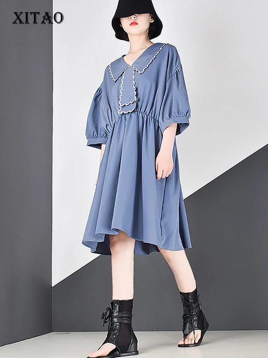 XITAO Tide Pleated Plus Size Elegant Dress Women Clothes Summer New Loose Casual Sailor Collar Casual Dress Top ZLL5296