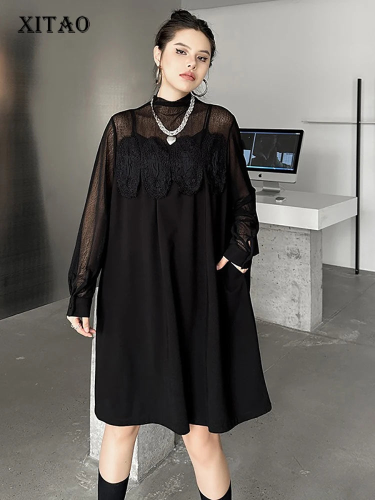 XITAO Casual Solid Color Loose Fitting O-neck Full Sleeve Female Dress Mesh Patchwork Pullover Autumn Women Dress GMM1093