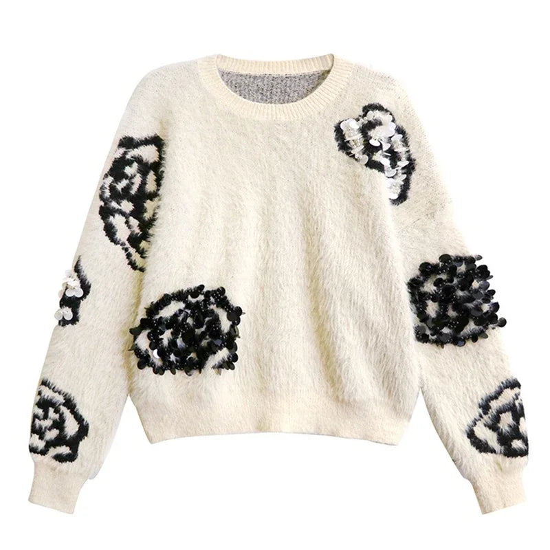 XITAO Autumn New Flower Solid Sweater Elegant Loose Full Sleeve Pullover Sequined O-neck Temperament Women Sweater ZYY1021