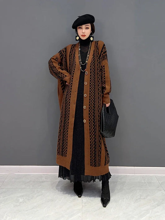 XITAO Vintage Knitting Cardigan Fashion Contrast Color Spicing Long Women Sweater Coat Spring New All-match WLD10022