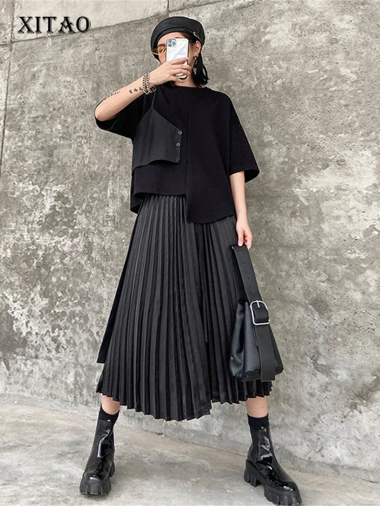 XITAO Black Two Piece Set Women Hlaf Sleeve Asymmetrical T-shirt Top Elastic Wasit Pleated Mid Calf Skirt Irregular Style WLD9510