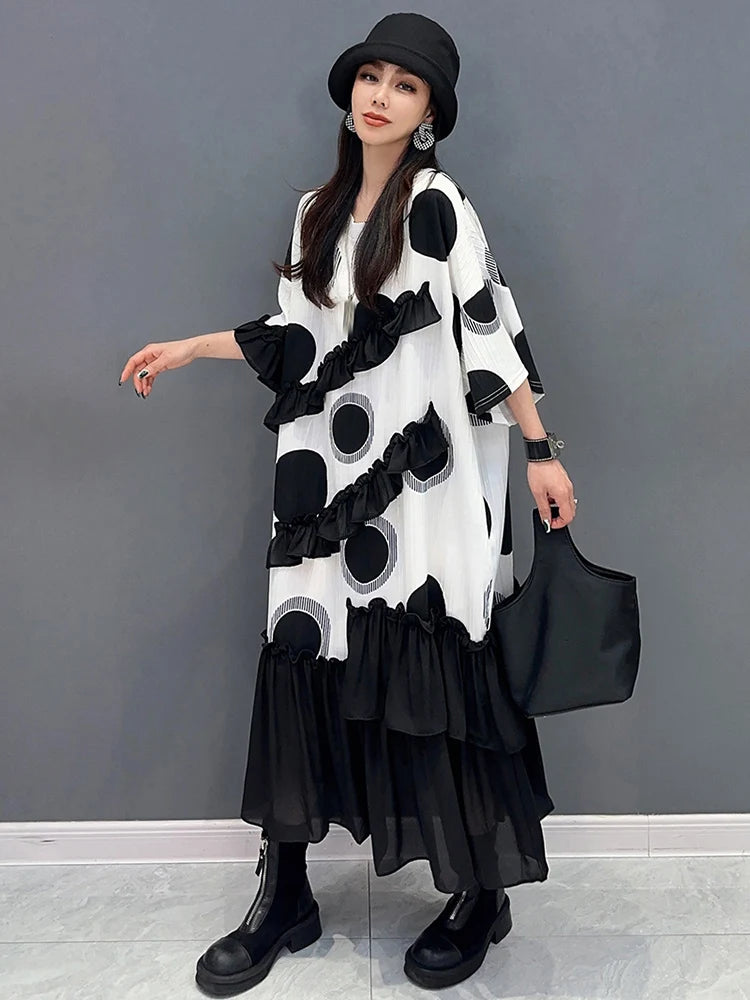 XITAO Chiffon Flounced Edge Dress Fashion Contrast Color Big Dot Casual Loose Dress 2024 Summer New Simplicity Women LYD1731