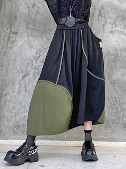 XITAO Solid Color Casual Loose Hong Kong Style Skirt Contrast Color Patchwork A-line Ankle-length Autumn Women Skirt ZYY1069