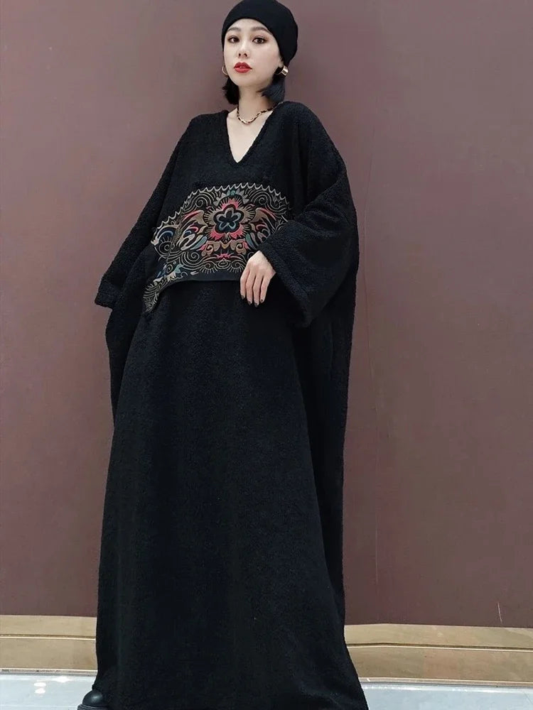 XITAO Embroidery Patchwork V-neck Dress Pullover Long Sleeve Loose Slimming Fashion Ankle-Length Dresses 2024 Autumn New LJ1092