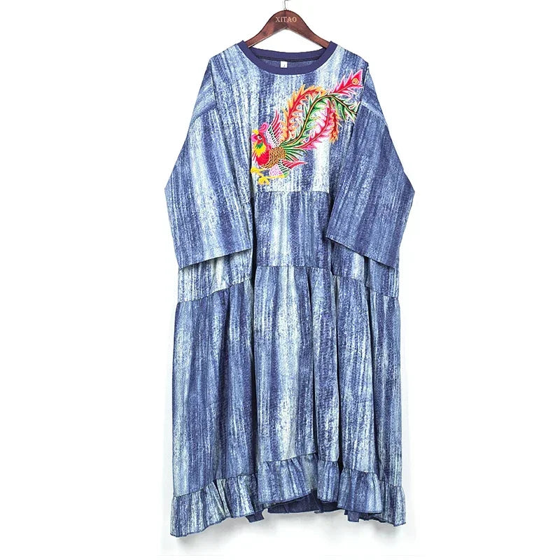 XITAO Embroidery Dress Fashion New Women Pleated Pullover Goddess Fan Casual Style Loose Summer Dress DMY3141