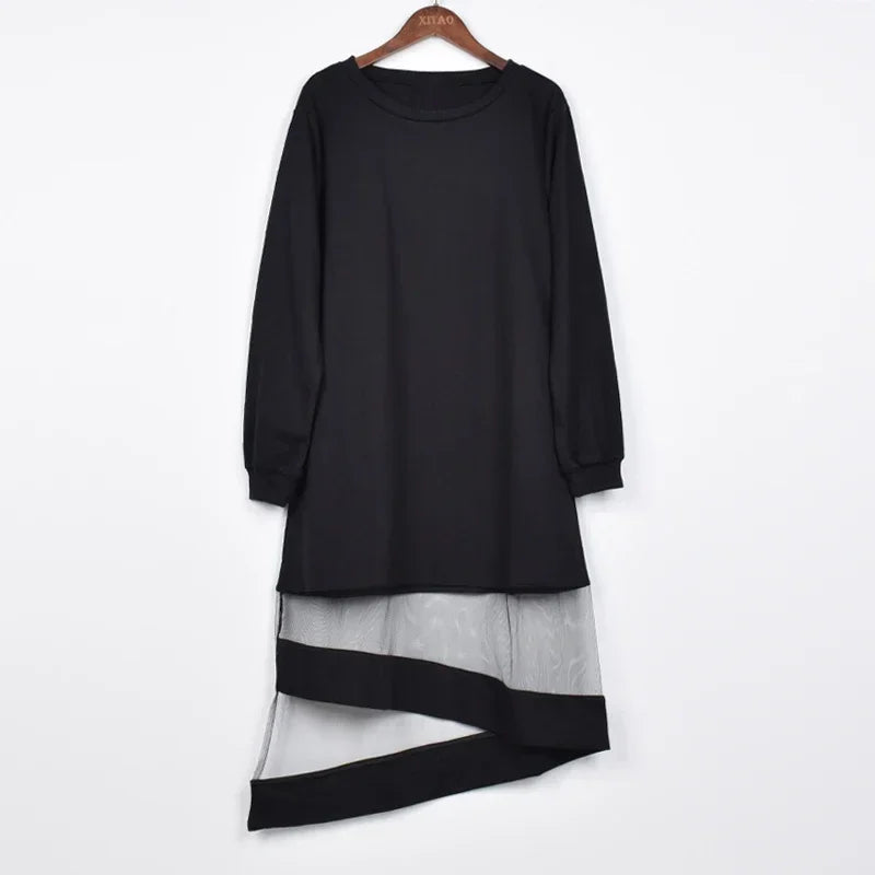 XITAO Pleated Hem Dress Irregular Pullover Full Sleeve Black Patchwork Summer Pleated Goddess Fan Casual Dress WS2043